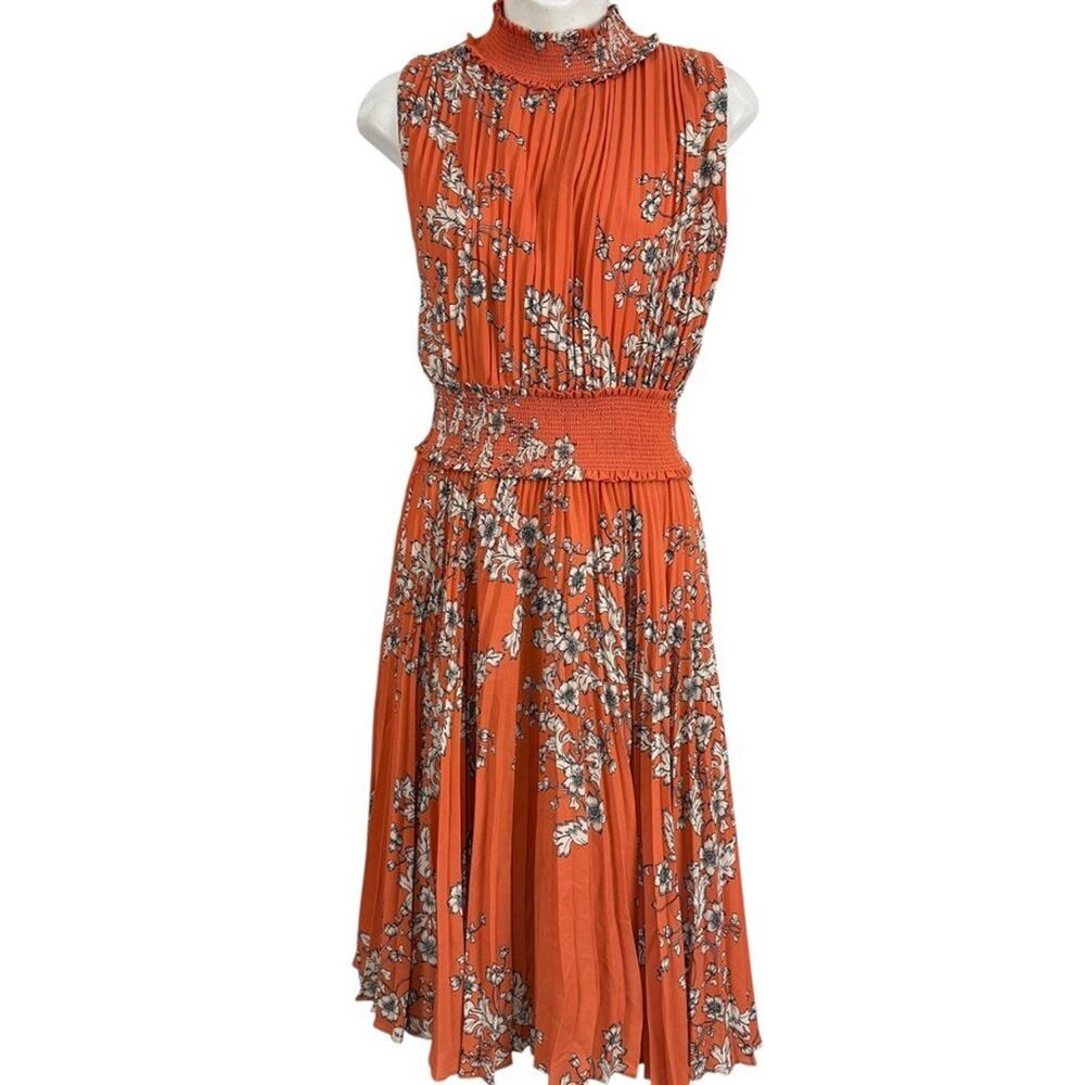 Nanette Lepore Womens Pleated Blouson Midi Floral Sleeveless Orange Dress sz 10